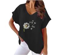 Women's Linen Tops Dandelion Summer Tee Shirts Short Sleeve V Neck Flower Print Graphic Blouse Cotton Linen T-Shirt Casual Loose Elegant Blouse Ladies UK Clearance