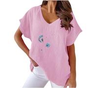 Women's Linen Tops Dandelion Summer Tee Shirts Short Sleeve V Neck Flower Print Graphic Blouse Cotton Linen T-Shirt Casual Loose Elegant Blouse Ladies UK Clearance