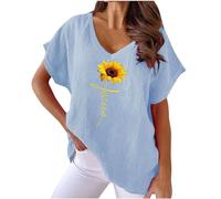 Women's Linen Tops Dandelion Summer Tee Shirts Short Sleeve V Neck Flower Print Graphic Blouse Cotton Linen T-Shirt Casual Loose Elegant Blouse Ladies UK Clearance