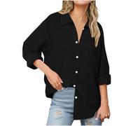 Womens Linen Tops Long Sleeve Plus Size Shirts Collared Cotton Linen Button Down Blouses Ladies V Neck Roll Up Sleeve Shirt Business Casual Work Tops Solid Color Loose Fit T-Shirts UK Sale Clearance