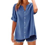 Womens Linen Tops Loose Print Summer Shirt Warehouse Clearance Gifts Shirt Top Stand Solid Color Sleeve Collar Casual 2025 New (01-A-Blue, XXXL)