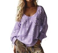 Women's Linen Tops Oversized Bohemian Embroidered Tops Fall Long Sleeve Vintage Loose Elegant Blouses Ladies Beach Leisure Hippie Clothes Retro Floral Pattern Tunics L, Purple Style#2
