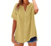 Womens Linen Tops Plus Size Casual Cotton Wedding T Shirts My Orders Women's Plus Size Shirts Solid 3/4 Sleeve Tunic Tops Oversized Tshirts Casual V Neck Blouses (01-B-Yellow, XXXL)