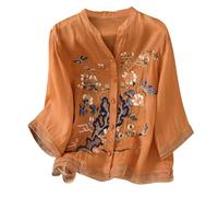 Womens Linen Tops Short Satin Summer Tee Travel Women's Cotton Linen Embroidered Shirt Top Boho 3/4 Sleeeve Tunic Top Elegant Blouse (01-F-Orange, XXXL)