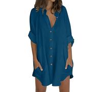 Womens Linen Tops Summer Casual Loose T-Shirt Oversized Cotton Button Up Shirt Dresses Plus Size Longline Tunic Top 3/4 Sleeve Holiday Boho Blouses Hawaii Beach Cover Up Ladies Clothes White-B M