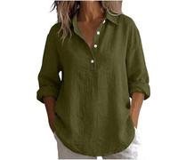 Womens Linen Tops Summer Long Sleeve Half Button Down Blouses Solid Colour Casual Loose Fit Collared Cotton Linen Shirt Oversized Lightweight Beach Holiday Ladies Blouse Army Green