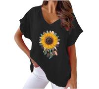 Womens Linen Tops Sunflower Printed Bat Sleeve Shirt V Neck Short Sleeve Summer Boho Elegant Linen T Shirt Casual Loose Long Tops Outdoor Beach Comforty Cotton Linen Blouses Tops Ladies S-3XL