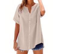 Womens Linen Tops UK 2025 Purple Hawaiian Spring Shirt Warehouse Clearance Women's Cotton Linen Shirts Solid 3/4 Sleeve Tunic Tops Oversized Tshirts Casual V Neck Blouses (01-B-Khaki, XXXL)