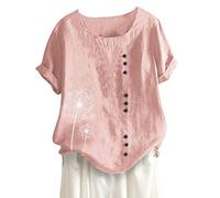 Womens Linen Tops UK 2025 Short Sleeve Plus Size Cotton Linen Shirts Summer Button Down Blouses Ladies Casual Round Neck Tee Comfy Solid Loose Fit Tops T-Shirts