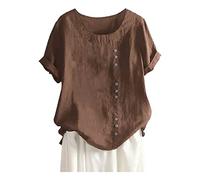 Womens Linen Tops UK 2025 Short Sleeve Plus Size Cotton Linen Shirts Summer Button Down Blouses Ladies Casual Round Neck Tee Comfy Solid Loose Fit Tops T-Shirts Brown