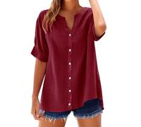 Womens Linen Tops Uk 2025 Short Sleeve Plus Size Shirts Summer Cotton Linen Button Down Blouses Solid Colour Ladies Casual V Neck Roll Up Sleeve Oversized Tees Loose Lightweight Dressy Blouses Wine