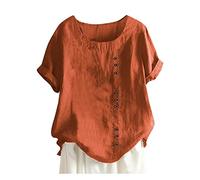 Womens Linen Tops UK 2026 Short Sleeve Plus Size Cotton Linen Shirts Summer Button Down Blouses Ladies Casual Round Neck Tee Comfy Solid Loose Fit Tops T-Shirts Orange