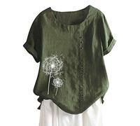Womens Linen Tops UK 2026 Short Sleeve Plus Size Cotton Linen Shirts Summer Button Down Blouses Ladies Casual Round Neck Tee Comfy Solid Loose Fit Tops T-Shirts