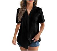 Women's Linen Tops UK Clearance,Ladies Button Down T-Shirt Elegant Collared Rolled Short Sleeve Blouses Summer Casual V Neck Tee Office Work Solid Beach Cotton Tunic Tops Oversized Black