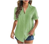 Women's Linen Tops UK Clearance,Ladies Button Down T-Shirt Elegant Collared Rolled Short Sleeve Blouses Summer Casual V Neck Tee Office Work Solid Beach Cotton Tunic Tops Oversized Green