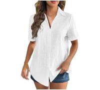 Women's Linen Tops UK Clearance,Ladies Button Down T-Shirt Elegant Collared Rolled Short Sleeve Blouses Summer Casual V Neck Tee Office Work Solid Beach Cotton Tunic Tops Oversized White