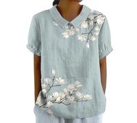 Womens Linen Tops UK Clearance Short Sleeve Linen Summer Tunics Warehouse Deals Clearance Women's 2025 Lapel Art Floral Round Neck Gifts Pullover Top Casual Shirt T-Shirts (01-E-Dark Blue, Xxxxl)