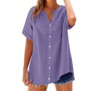 Womens Linen Tops UK Clearance Size 16 Print Office Suits Warehouse Clearance Women's Cotton Linen Shirts Solid 3/4 Sleeve Tunic Tops Oversized Tshirts Casual V Neck Blouses (01-B-Purple, XXXL)