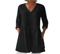 Women's Linen Tops UK Elegant Summer 3/4 Sleeve V Neck Cotton Linen T-Shirt Ladies V Neck Tunic Top for Leggings Casual Tee Shirts Lagenlook Longline Work Blouses Clearance