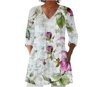 Women's Linen Tops UK Elegant Summer 3/4 Sleeve V Neck Cotton Linen T-Shirt Ladies V Neck Tunic Top for Leggings Casual Tee Shirts Lagenlook Longline Work Blouses Sale Clearance