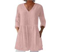 Women's Linen Tops UK Elegant Summer 3/4 Sleeve V Neck Cotton Linen T-Shirt Ladies V Neck Tunic Top for Leggings Casual Tee Shirts Lagenlook Longline Work Blouses Clearance
