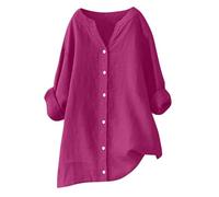 Womens Linen Tops UK Long Sleeve V Neck Button Down Solid Summer Cotton Linen Blouses Casual Fashion Loose Lightweight Comfy T-Shirt Womens Long t Shirts Hot Pink 4XL