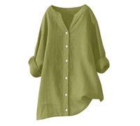 Womens Linen Tops UK Long Sleeve V Neck Button Down Solid Summer Cotton Linen Blouses Casual Fashion Loose Lightweight Comfy T-Shirt Womens Oversized t Shirt Army Green 5XL