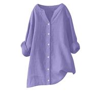 Womens Linen Tops UK Long Sleeve V Neck Button Down Solid Summer Cotton Linen Blouses Casual Fashion Loose Lightweight Comfy T-Shirt Floral top Purple 5XL