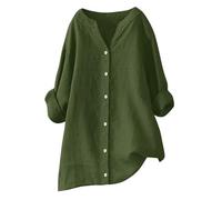Womens Linen Tops UK Long Sleeve V Neck Button Down Solid Summer Cotton Linen Blouses Casual Fashion Loose Lightweight Comfy T-Shirt Shirts for Women UK Army Green L