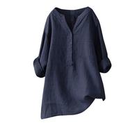 Womens Linen Tops UK Pink Indian Wedding Blouses Clearance Womens Cotton Linen Daily Solid Essentials Summer Vacation Tunic Top Large Daily Casual Tee Blouses (01-C-Navy, XL)