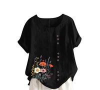 Womens Linen Tops UK Plus Size Elegant Cotton-Linen Short Sleeve Floral Shirts Graphic Dandelio T-Shirt Casual Loose Oversized Summer Lagenlook Tunic Tee Tops Ladies Blouses Sale Clearance