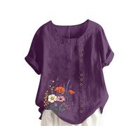 Womens Linen Tops UK Plus Size Elegant Cotton-Linen Short Sleeve Floral Shirts Graphic Dandelio T-Shirt Casual Loose Oversized Summer Lagenlook Tunic Tee Tops Ladies Blouses Sale Clearance