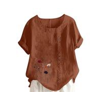 Womens Linen Tops UK Plus Size Elegant Cotton-Linen Short Sleeve Floral Shirts Graphic Dandelio T-Shirt Casual Loose Oversized Summer Lagenlook Tunic Tee Tops Ladies Blouses Clearance