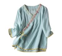 Womens Linen Tops UK Plus Size - Ladies Cotton-Linen T-Shirt Vintage Boho Embroidered Tees Summer Three Quarter Sleeve Floral Shirts Casual Loose Peasant Blouses Lagenlook Tunic Top Green