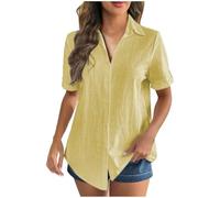 Women's Linen Tops UK Sale Clearance,Ladies Button Down T-Shirt Elegant Collared Rolled Short Sleeve Blouses Summer Casual V Neck Tee Office Work Solid Beach Cotton Tunic Tops Oversized Yellow