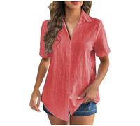 Women's Linen Tops UK Sale Clearance,Ladies Button Down T-Shirt Elegant Collared Rolled Short Sleeve Blouses Summer Casual V Neck Tee Office Work Solid Beach Cotton Tunic Tops Oversized