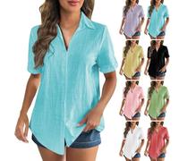 Women's Linen Tops UK Sale Clearance,Ladies Button Down T-Shirt Elegant Collared Rolled Short Sleeve Blouses Summer Casual V Neck Tee Office Work Solid Beach Cotton Tunic Tops Oversized Sky Blue