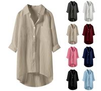 Womens Linen Tops UK Sale Oversized Summer T-Shirt Casual Elegant Loose Cotton Polyester Blouse Half Button Up Tee Shirts Long Sleeve Lagenlook Longline Tunic Top for Leggings Ladies Khaki