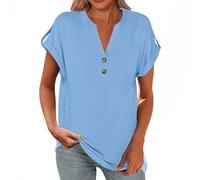 Womens Linen Tops UK Short Sleeve Plus Size Shirts Summer Cotton Linen Button Down Blouses Ladies Casual V Neck Roll Up Sleeve Tee Comfy Solid Loose Fit Tops T-Shirts