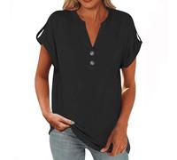Womens Linen Tops UK Short Sleeve Plus Size Shirts Summer Cotton Linen Button Down Blouses Ladies Casual V Neck Roll Up Sleeve Tee Comfy Solid Loose Fit Tops T-Shirts