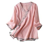 Womens Linen Tops Vintage V Neck Embroidery Blouse Half Sleeve Tie-Up Shirt Chinese Traditional Hanfu Top Retro Elegant Cotton Linen Floral T-Shirt for Summer Elegant Party Tees Shirt Slant Collar