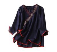 Womens Linen Tops Vintage V Neck Embroidery Blouse Half Sleeve Tie-Up Shirt Chinese Traditional Hanfu Top Retro Elegant Cotton Linen Floral T-Shirt for Summer Elegant Party Tees Shirt Slant Collar