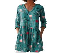 Womens Linen Tops with Pockets Summer Vintage Floral Printed Tunic Top V Neck 3/4 Sleeve T-Shirt Baggy Swing Tee Shirts Casual Trendy Blouse Plus Size Linen Tops for Women UK Sky Blue-11, XXL