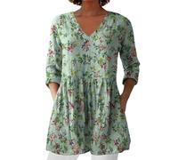 Womens Linen Tops with Pockets Summer Vintage Floral Printed Tunic Top V Neck 3/4 Sleeve T-Shirt Baggy Swing Tee Shirts Casual Trendy Blouse Plus Size Linen Tops for Women UK Green-10, L