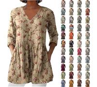 Womens Linen Tops with Pockets Summer Vintage Floral Printed Tunic Top V Neck 3/4 Sleeve T-Shirt Baggy Swing Tee Shirts Casual Trendy Blouse Plus Size Linen Tops for Women UK Khaki-10, L
