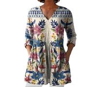 Womens Linen Tops with Pockets Summer Vintage Floral Printed Tunic Top V Neck 3/4 Sleeve T-Shirt Baggy Swing Tee Shirts Casual Trendy Blouse Plus Size Linen Tops for Women UK Navy-8, XXXL