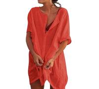Women's Linen Tops - Women's Long/Short Sleeve T-Shirt Elegant Button Down Sommer Beach Cover-Ups Women Loose Plaid Shirt Oversize Hawaiian 50+ Uv Tunic for Women Blouses Watermelon Red,M