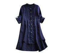 Women's Linen Tops - Women's Long/Short Sleeve T Shirts Elegant Button Down Sommer Beach Cover-Ups Women Loose Fit Solid Shirt Plus Size Boho Sun Protection Tunic for Women Blouses Navy,5XL