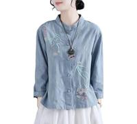 Women's Linen Traditional Retro Chinese Embroidered Frog Button Tops Mandarin Collar Blouse Long Sleeve Shirts Casual (Blue,L)