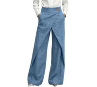 Women's Linen Trousers Cross Over Trendy Stylish Palazzo Trousers Plain Button Cotton Loose Fit Y2k Streetwear Summer Pants Elastic Waist Wrap Front Ladies Trousers